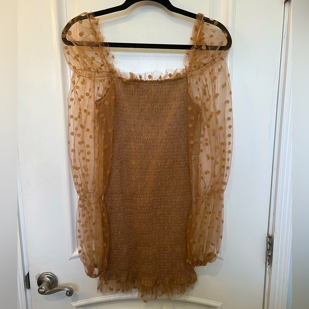 Long sheer sleeve polka dot nude dress, tight and flattering